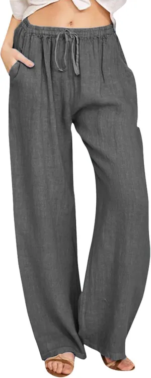 Womens Summer Linen Pants Wide Leg Casual Palazzo Pant Lounge High Waisted Beach Long Trousers Pants with Pockets