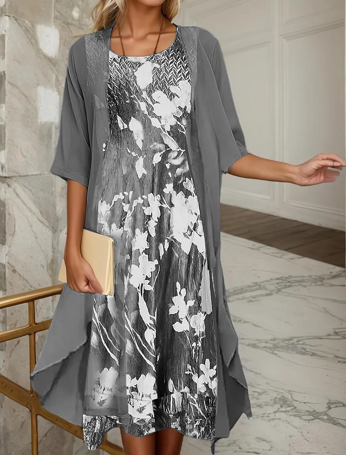 Women's Wedding Guest Two Piece Set Flowy 3/4 Sleeve Chiffon Cardigan Floral Print Midi Dress Sets 2 Piece