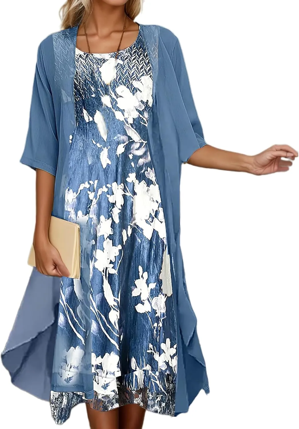 Women's Wedding Guest Two Piece Set Flowy 3/4 Sleeve Chiffon Cardigan Floral Print Midi Dress Sets 2 Piece