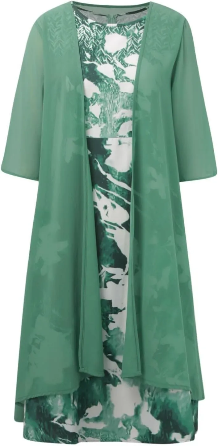 Women's Wedding Guest Two Piece Set Flowy 3/4 Sleeve Chiffon Cardigan Floral Print Midi Dress Sets 2 Piece