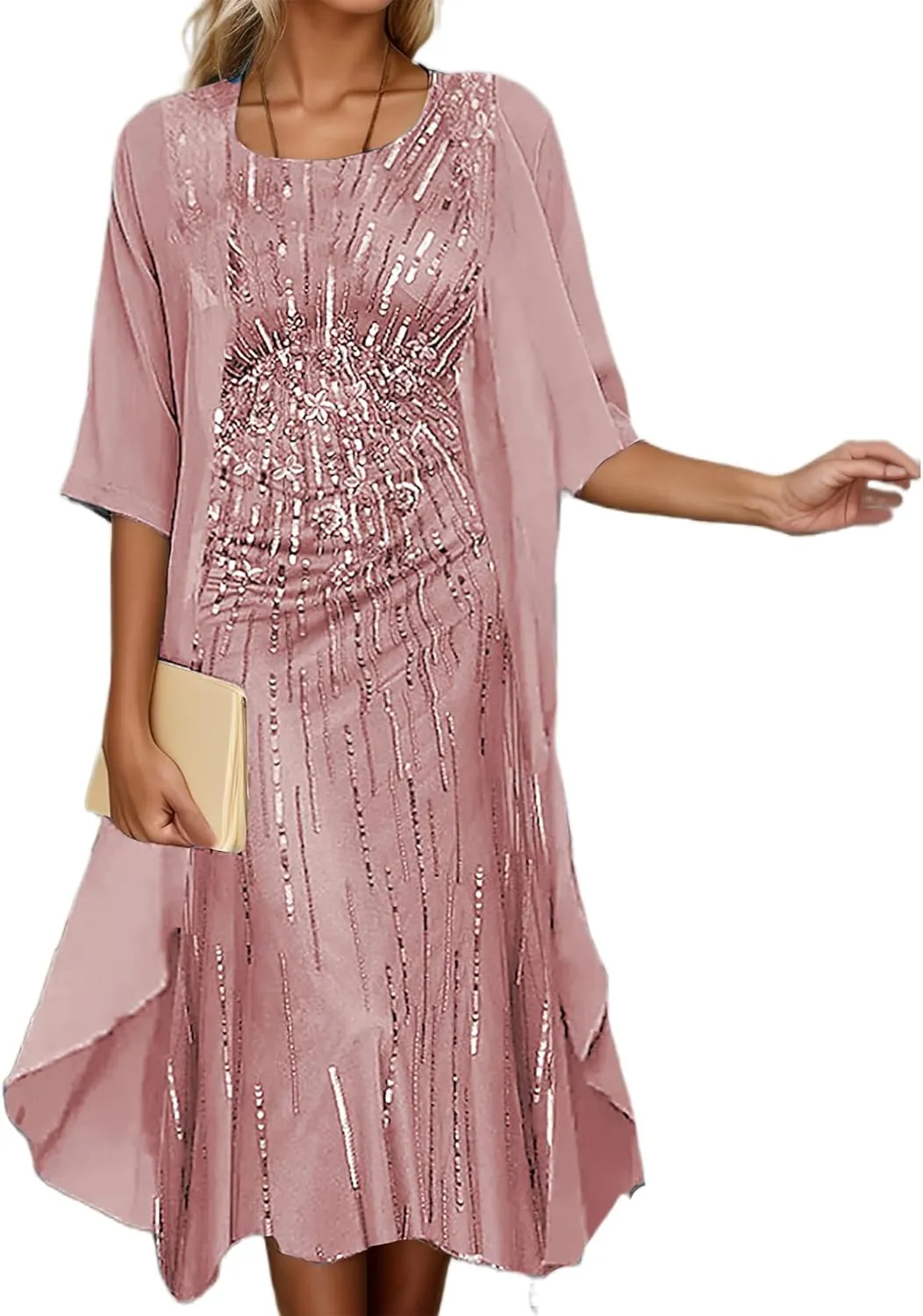 Women's Wedding Guest Two Piece Set Flowy 3/4 Sleeve Chiffon Cardigan Floral Print Midi Dress Sets 2 Piece