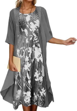 Women's Wedding Guest Two Piece Set Flowy 3/4 Sleeve Chiffon Cardigan Floral Print Midi Dress Sets 2 Piece