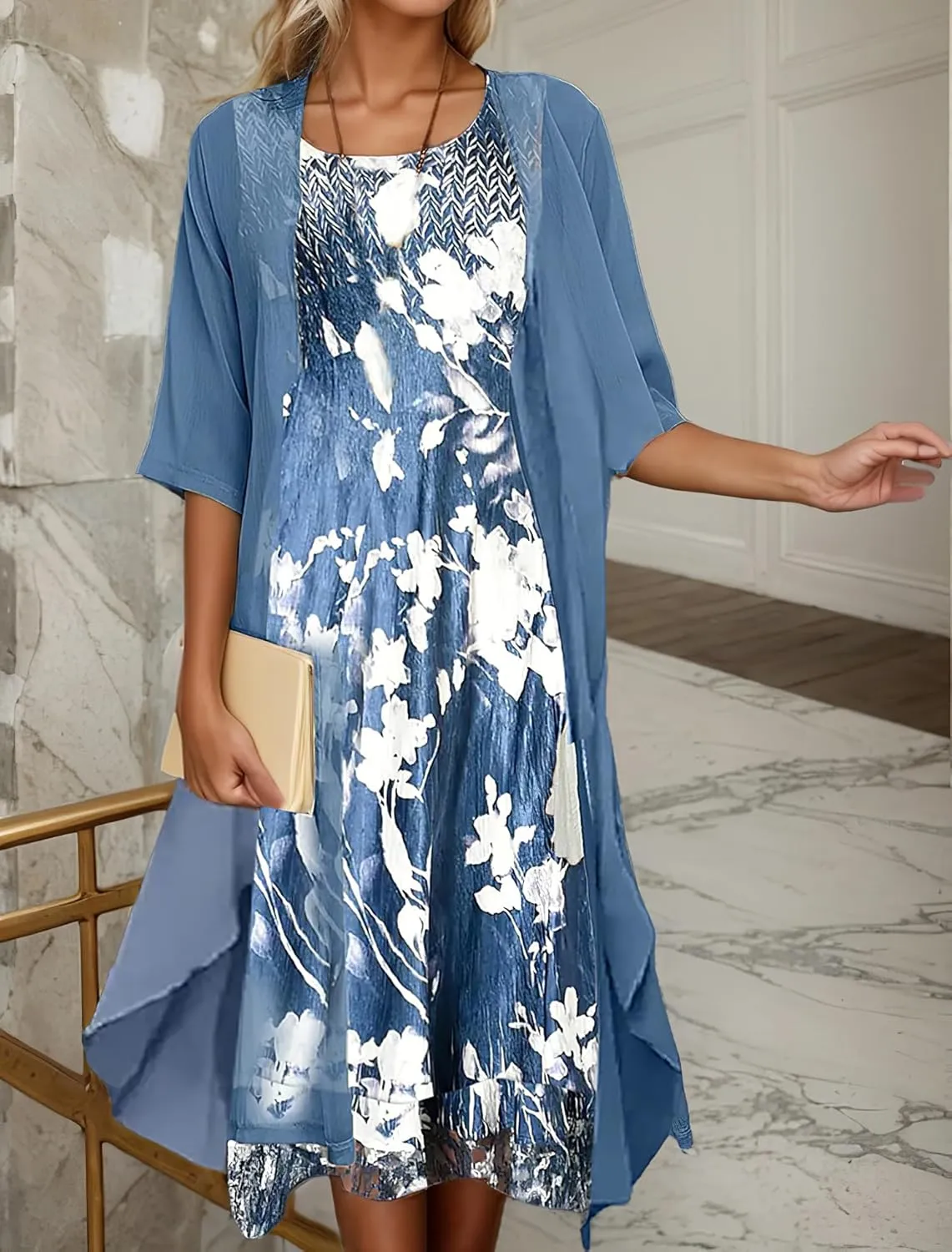 Women's Wedding Guest Two Piece Set Flowy 3/4 Sleeve Chiffon Cardigan Floral Print Midi Dress Sets 2 Piece
