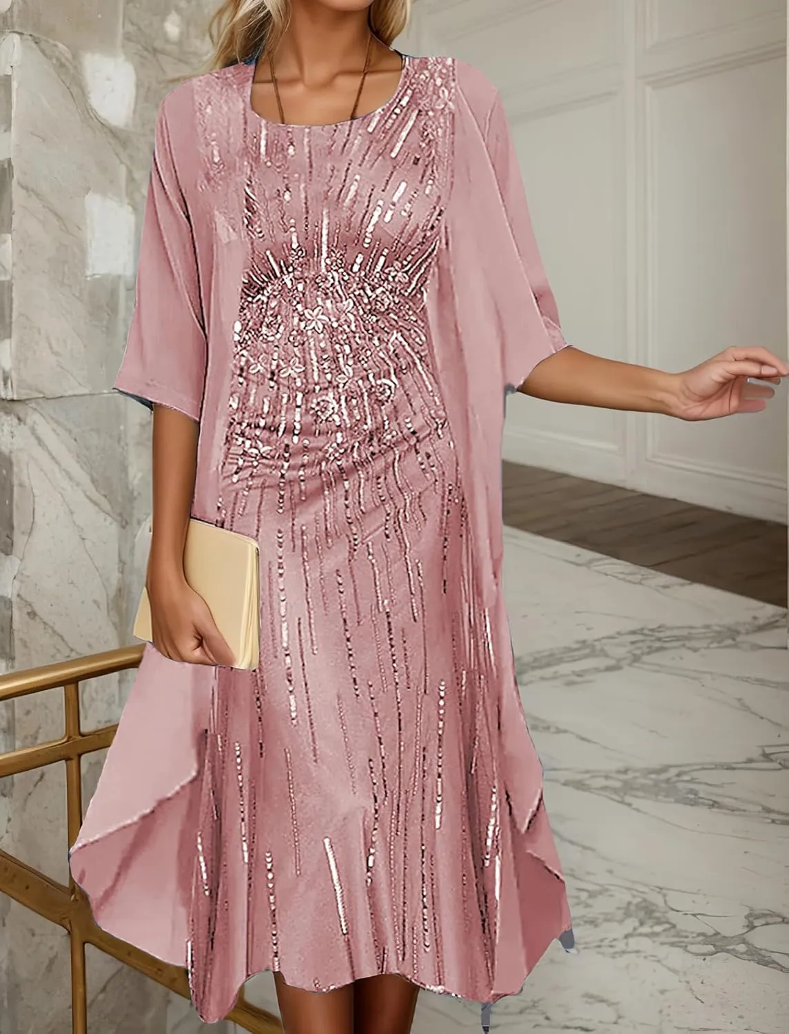 Women's Wedding Guest Two Piece Set Flowy 3/4 Sleeve Chiffon Cardigan Floral Print Midi Dress Sets 2 Piece