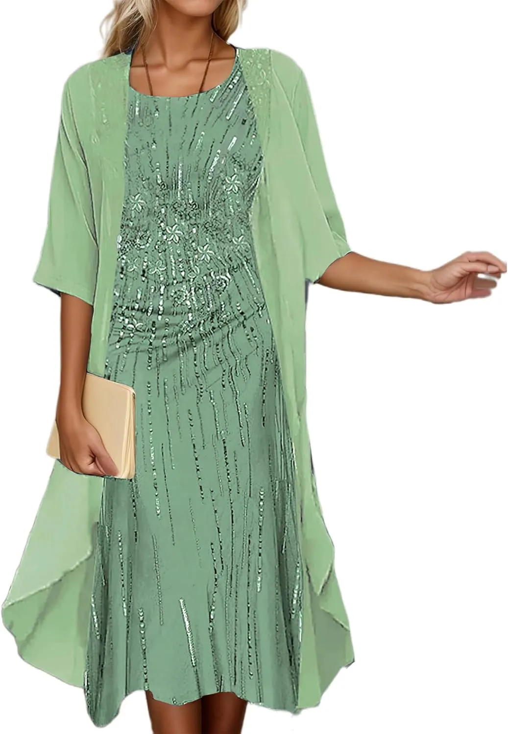 Women's Wedding Guest Two Piece Set Flowy 3/4 Sleeve Chiffon Cardigan Floral Print Midi Dress Sets 2 Piece