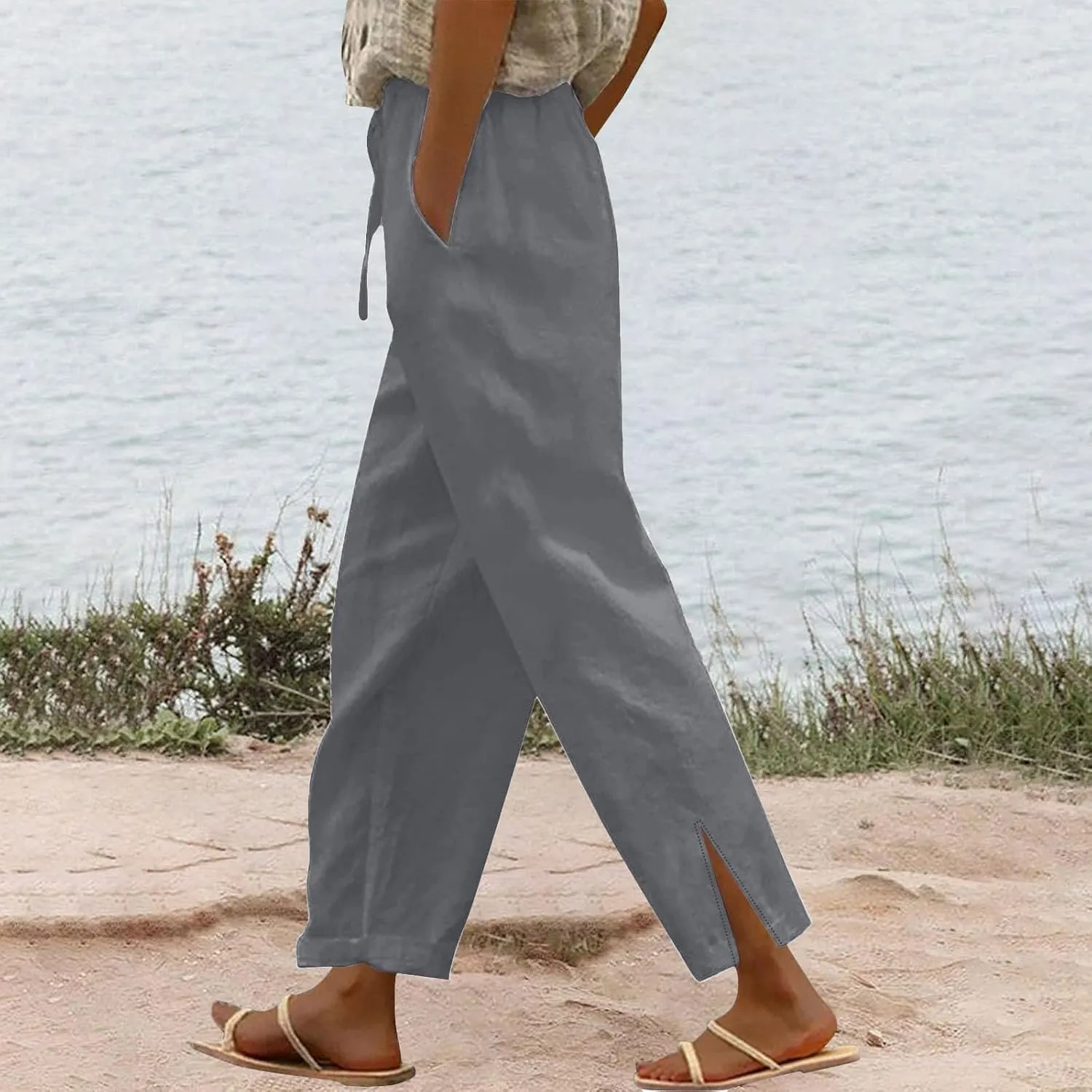 Womens Wide Leg Cotton Linen Pants Side Slit Hem Ankle Length Slacks Casual Elastic Waist Trousers with Pockets