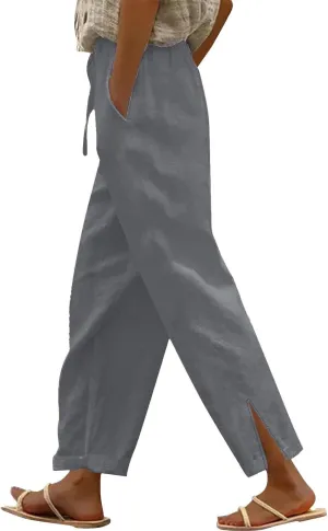 Womens Wide Leg Cotton Linen Pants Side Slit Hem Ankle Length Slacks Casual Elastic Waist Trousers with Pockets