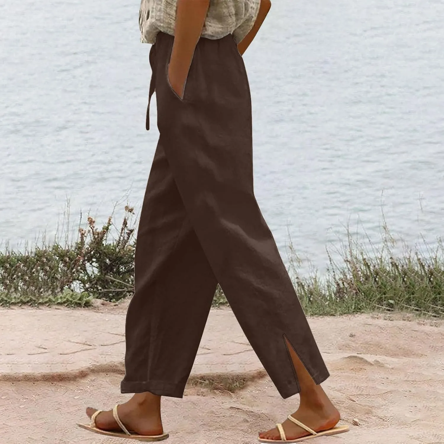 Womens Wide Leg Cotton Linen Pants Side Slit Hem Ankle Length Slacks Casual Elastic Waist Trousers with Pockets
