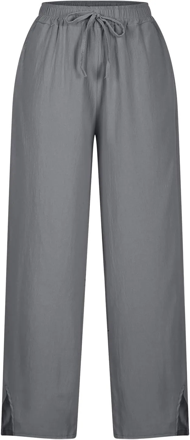 Womens Wide Leg Cotton Linen Pants Side Slit Hem Ankle Length Slacks Casual Elastic Waist Trousers with Pockets