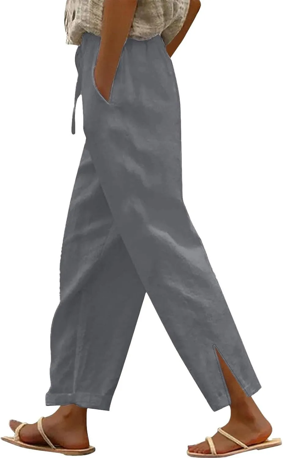 Womens Wide Leg Cotton Linen Pants Side Slit Hem Ankle Length Slacks Casual Elastic Waist Trousers with Pockets