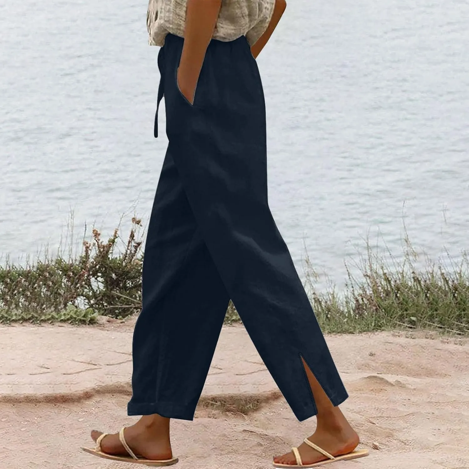 Womens Wide Leg Cotton Linen Pants Side Slit Hem Ankle Length Slacks Casual Elastic Waist Trousers with Pockets