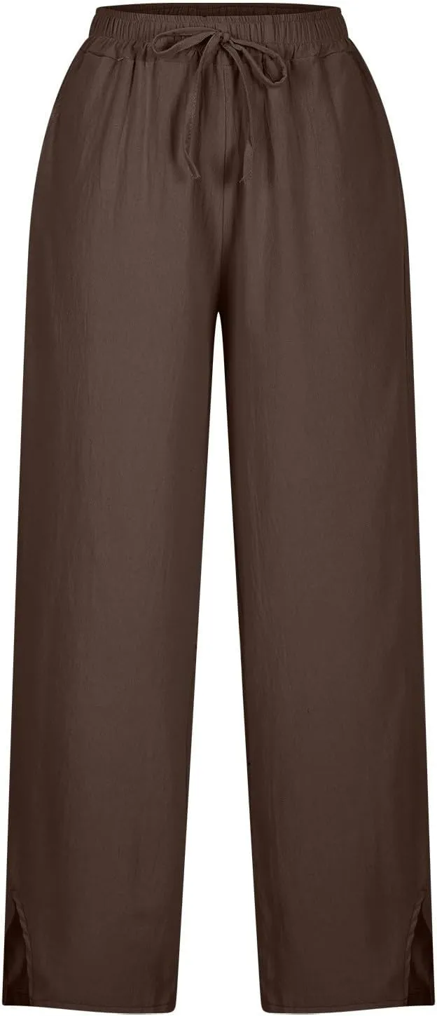 Womens Wide Leg Cotton Linen Pants Side Slit Hem Ankle Length Slacks Casual Elastic Waist Trousers with Pockets