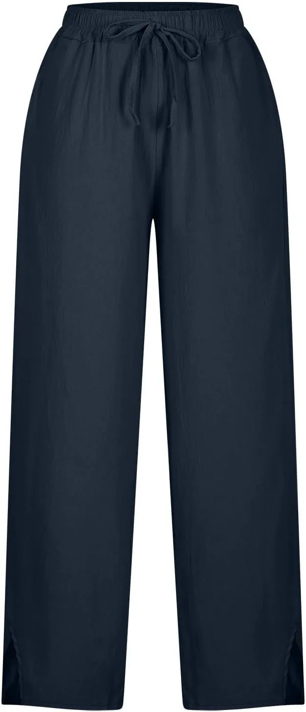 Womens Wide Leg Cotton Linen Pants Side Slit Hem Ankle Length Slacks Casual Elastic Waist Trousers with Pockets