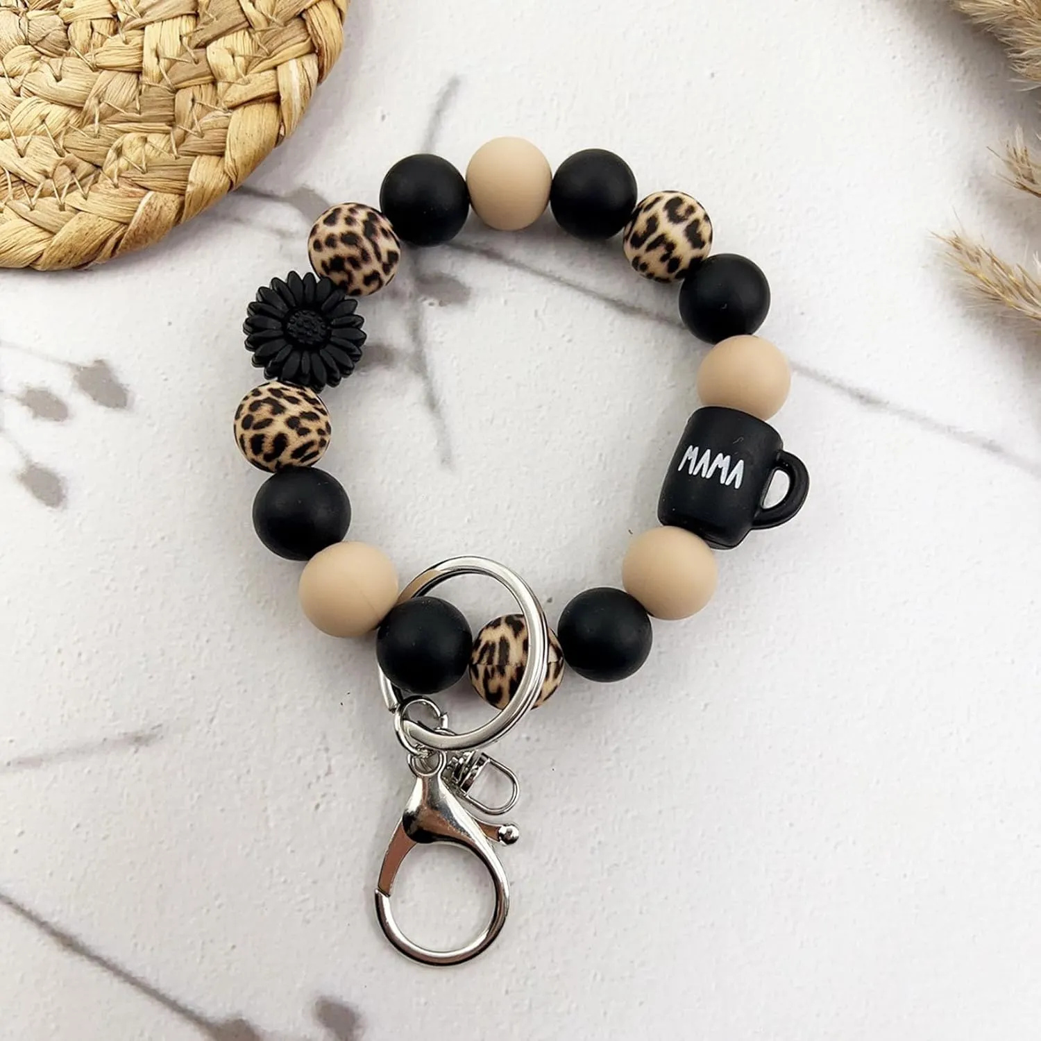 Wrist Keychains Wristlet for Women Silicone Bead Leopard Car Key Holder Mother's Day Gift for Mom Key Ring Bracelet