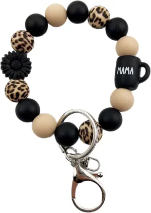Wrist Keychains Wristlet for Women Silicone Bead Leopard Car Key Holder Mother's Day Gift for Mom Key Ring Bracelet