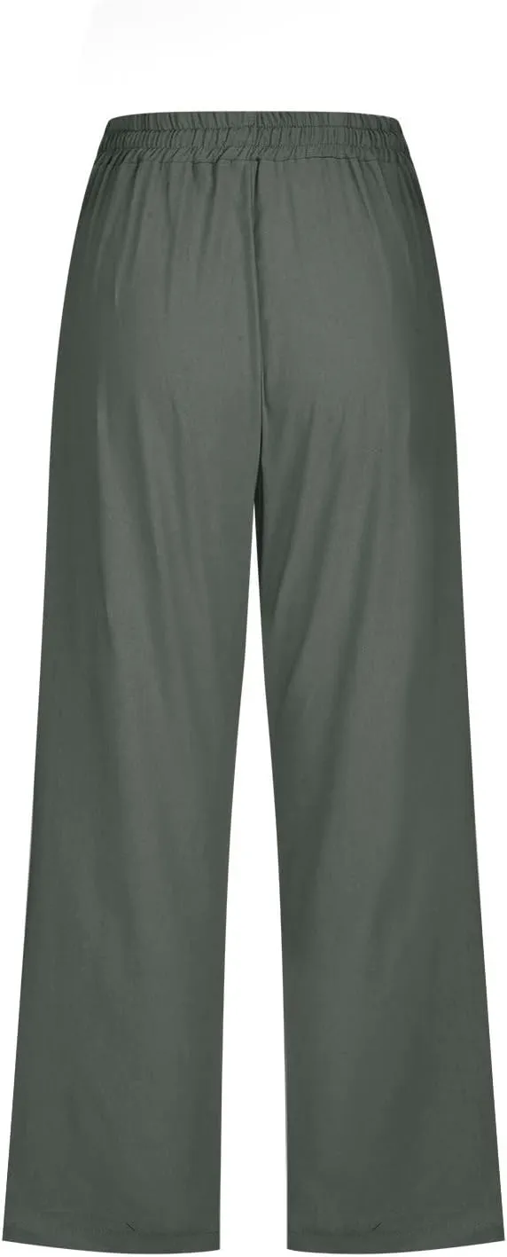Xiaojmake Linen Capri Pants for Womens Drawstring Waist Summer Casual Pants Loose Wide Leg Trouser Cropped Pants with Pockets