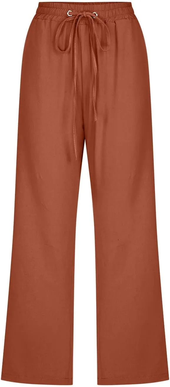 Xiaojmake Linen Capri Pants for Womens Drawstring Waist Summer Casual Pants Loose Wide Leg Trouser Cropped Pants with Pockets