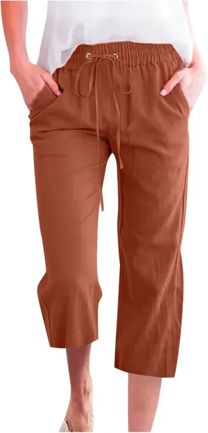 Xiaojmake Linen Capri Pants for Womens Drawstring Waist Summer Casual Pants Loose Wide Leg Trouser Cropped Pants with Pockets
