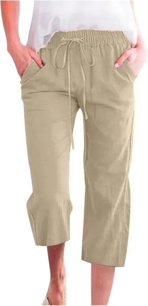 Xiaojmake Linen Capri Pants for Womens Drawstring Waist Summer Casual Pants Loose Wide Leg Trouser Cropped Pants with Pockets