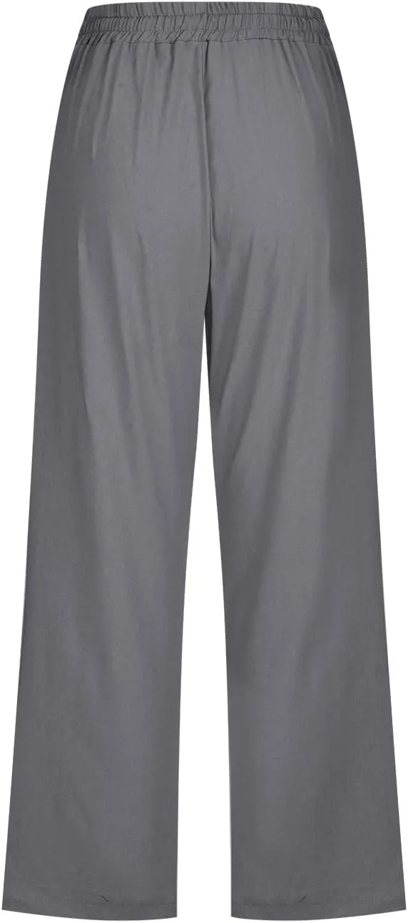 Xiaojmake Linen Capri Pants for Womens Drawstring Waist Summer Casual Pants Loose Wide Leg Trouser Cropped Pants with Pockets