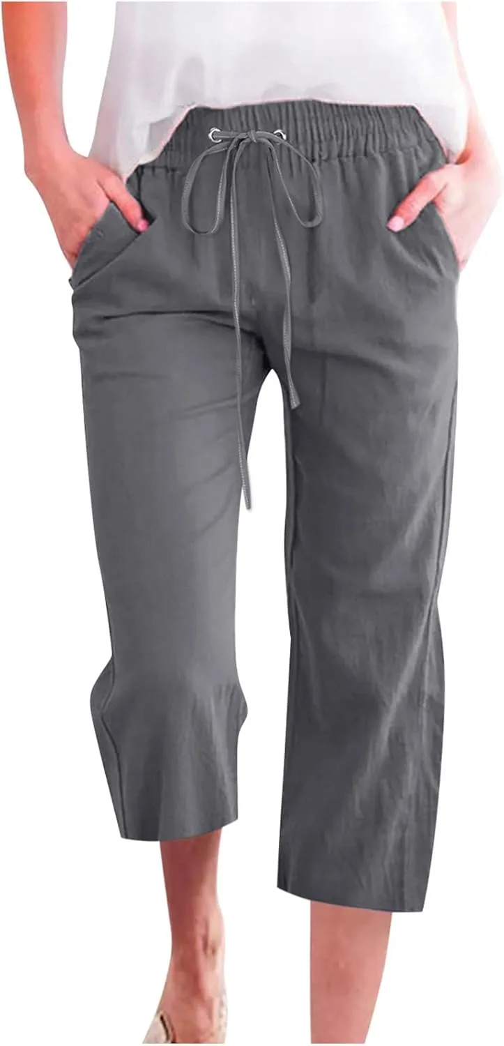 Xiaojmake Linen Capri Pants for Womens Drawstring Waist Summer Casual Pants Loose Wide Leg Trouser Cropped Pants with Pockets