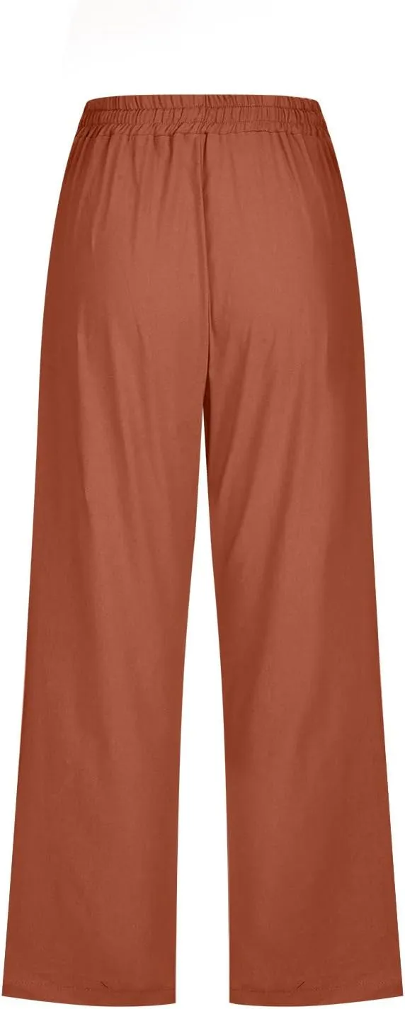 Xiaojmake Linen Capri Pants for Womens Drawstring Waist Summer Casual Pants Loose Wide Leg Trouser Cropped Pants with Pockets