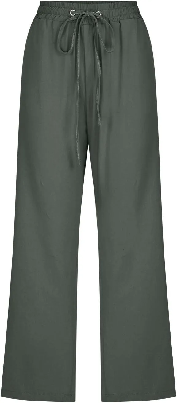 Xiaojmake Linen Capri Pants for Womens Drawstring Waist Summer Casual Pants Loose Wide Leg Trouser Cropped Pants with Pockets