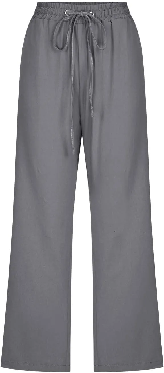 Xiaojmake Linen Capri Pants for Womens Drawstring Waist Summer Casual Pants Loose Wide Leg Trouser Cropped Pants with Pockets