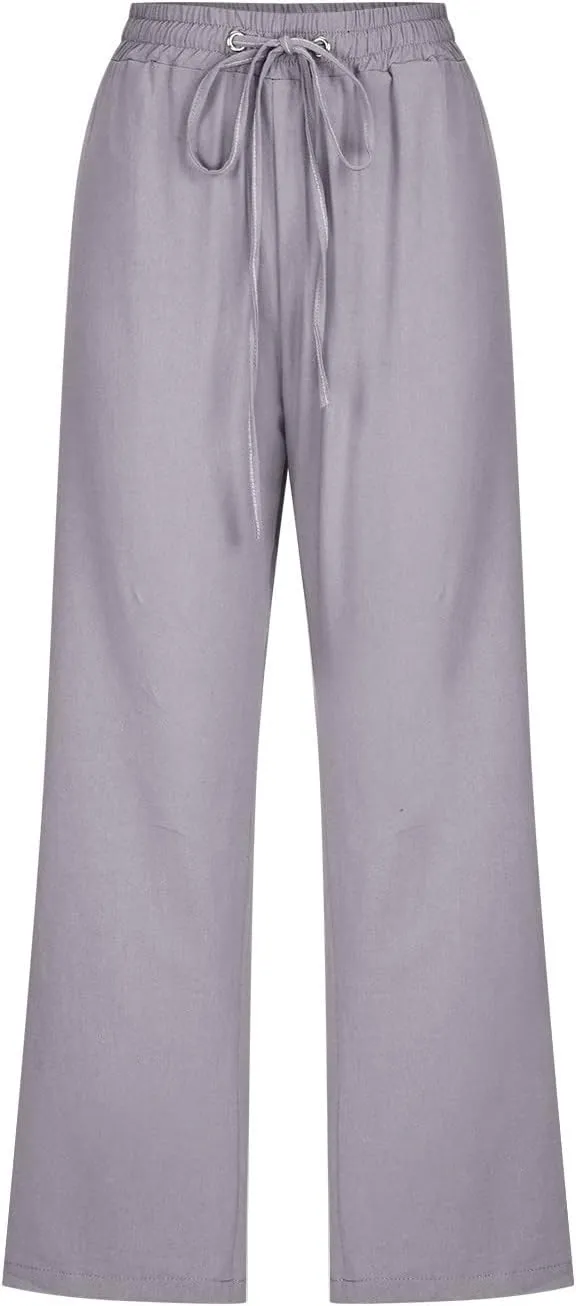 Xiaojmake Linen Capri Pants for Womens Drawstring Waist Summer Casual Pants Loose Wide Leg Trouser Cropped Pants with Pockets