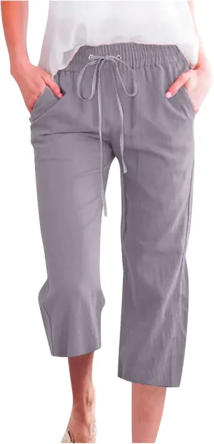 Xiaojmake Linen Capri Pants for Womens Drawstring Waist Summer Casual Pants Loose Wide Leg Trouser Cropped Pants with Pockets