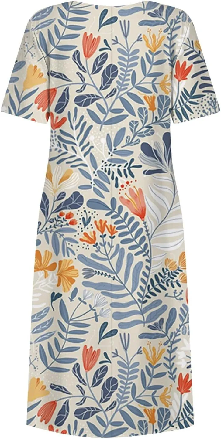 Yesunpxs Summer Dresses for Women Floral Print Loose Sundresses Short Sleeves Round Neck Beach Dress Casual Maxi Dress with