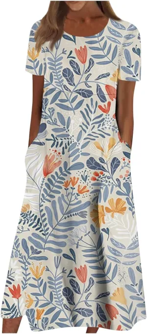 Yesunpxs Summer Dresses for Women Floral Print Loose Sundresses Short Sleeves Round Neck Beach Dress Casual Maxi Dress with