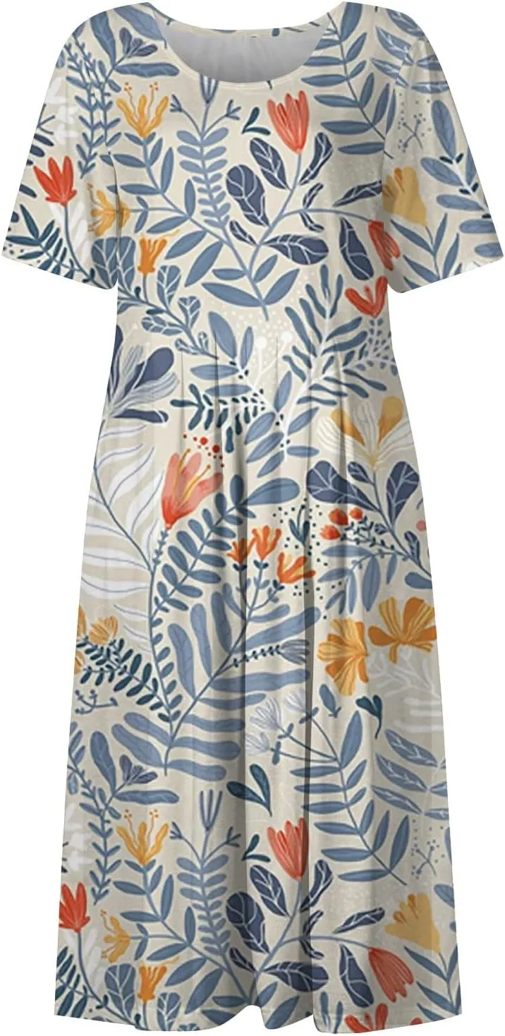 Yesunpxs Summer Dresses for Women Floral Print Loose Sundresses Short Sleeves Round Neck Beach Dress Casual Maxi Dress with