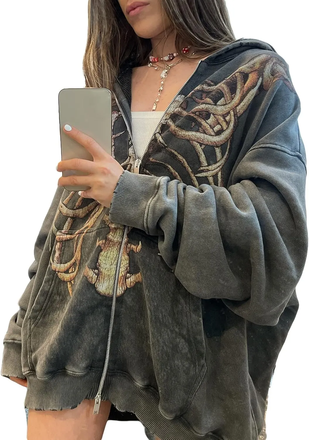 Yoawdats Women Casual Zip Up Hoodie Long Sleeve Vintage Graphic Print Oversized Aesthetic Sweatshirt Y2K Jacket Streetwear