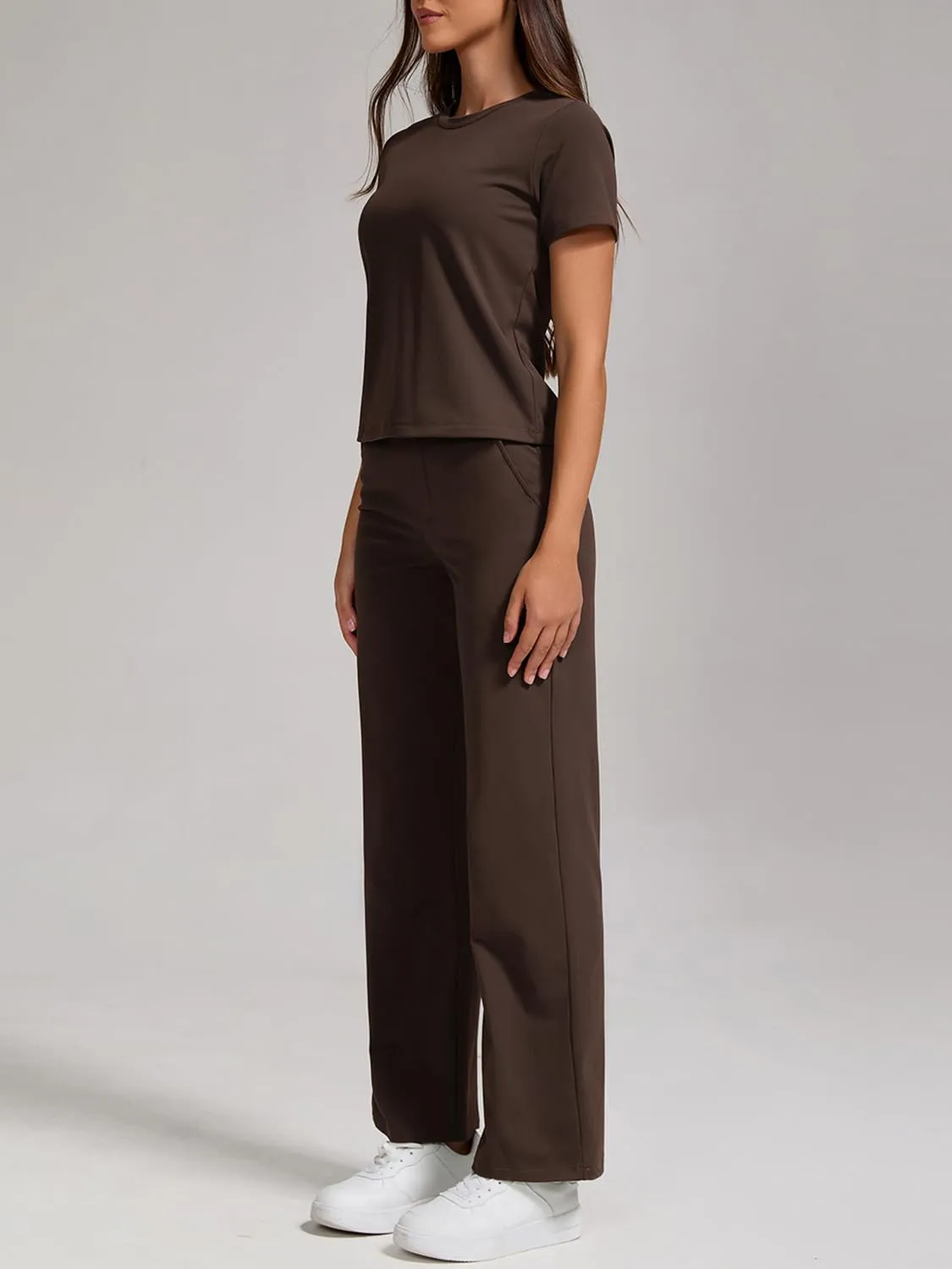 ZFLM Women Casual Loungewaer 2 Piece Outfits Short Sleeved Wide Leg High Waisted Pants with Pockets Tracksuit Sets Streetwear