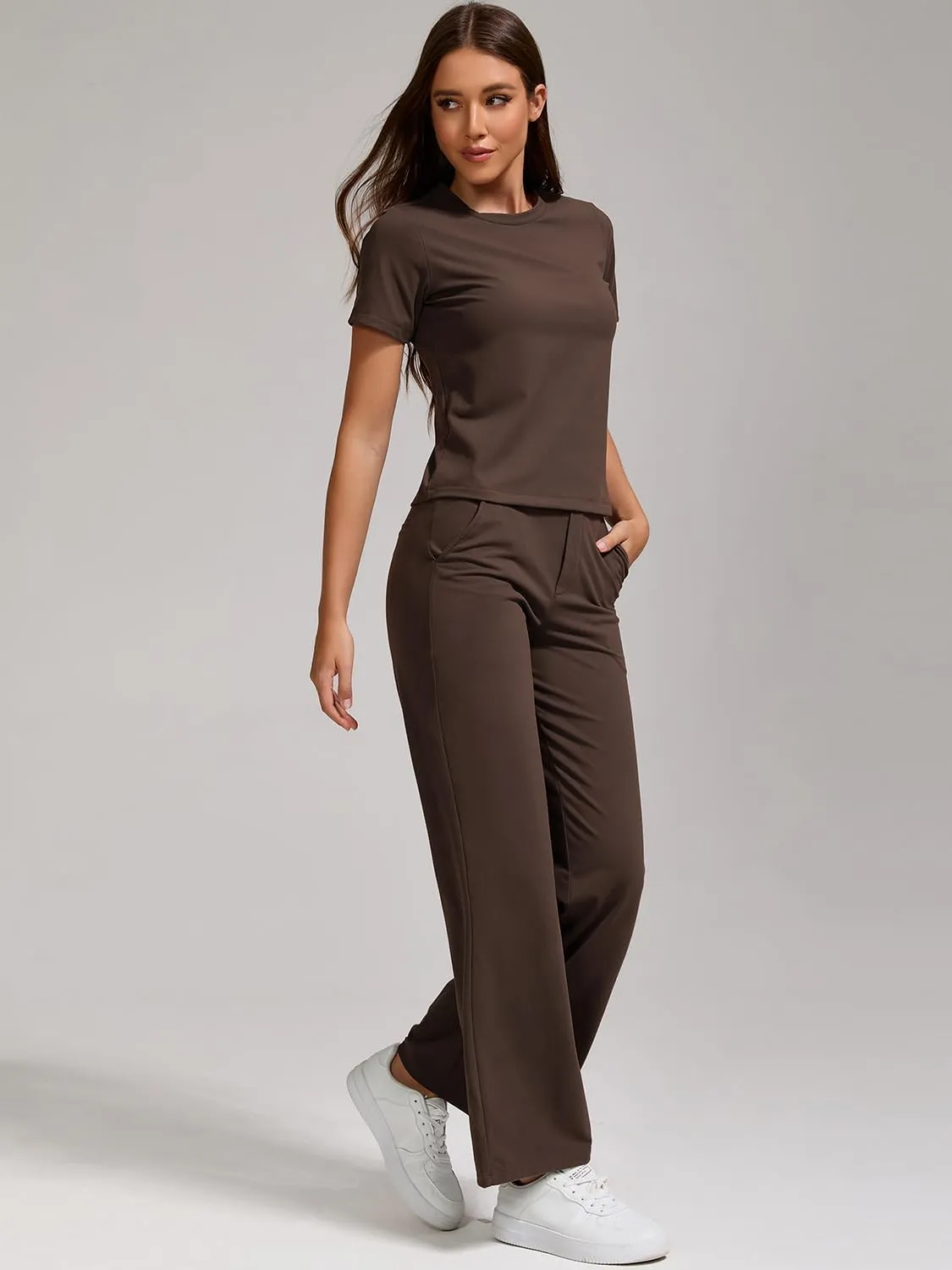 ZFLM Women Casual Loungewaer 2 Piece Outfits Short Sleeved Wide Leg High Waisted Pants with Pockets Tracksuit Sets Streetwear